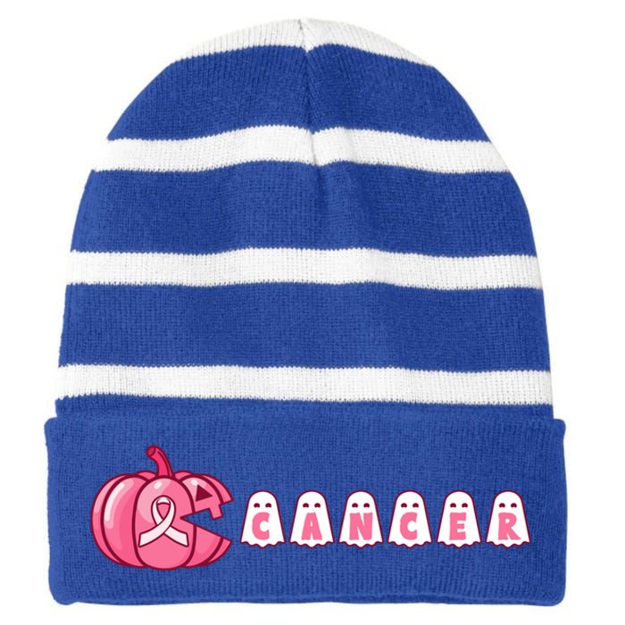 Pumpkin Eating Ghost Gamer Support Breast Cancer Warrior Cool Gift Striped Beanie with Solid Band