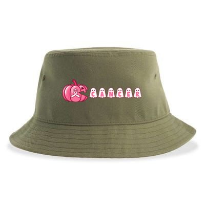 Pumpkin Eating Ghost Gamer Support Breast Cancer Warrior Cool Gift Sustainable Bucket Hat