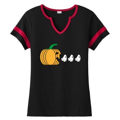 Pumpkin Eating Ghost Gamer Funny Halloween Gift Ladies Halftime Notch Neck Tee