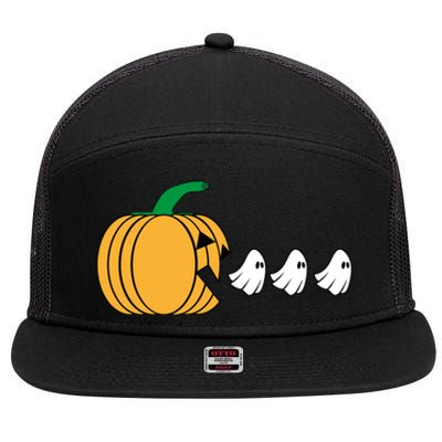 Pumpkin Eating Ghost Gamer Funny Halloween Gift 7 Panel Mesh Trucker Snapback Hat