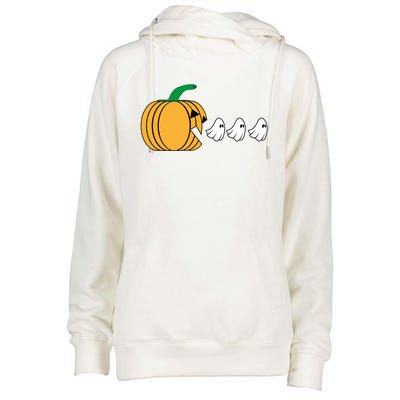 Pumpkin Eating Ghost Gamer Funny Halloween Gift Womens Funnel Neck Pullover Hood