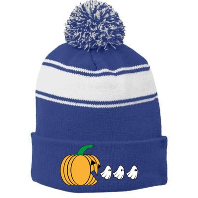 Pumpkin Eating Ghost Gamer Funny Halloween Gift Stripe Pom Pom Beanie