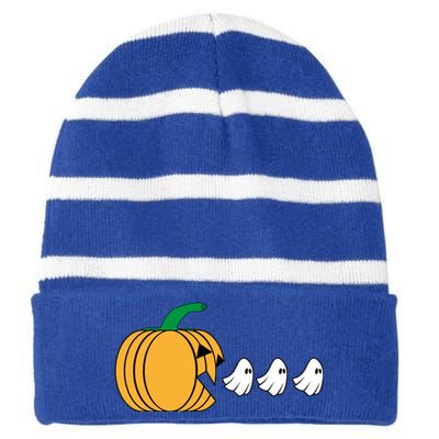 Pumpkin Eating Ghost Gamer Funny Halloween Gift Striped Beanie with Solid Band