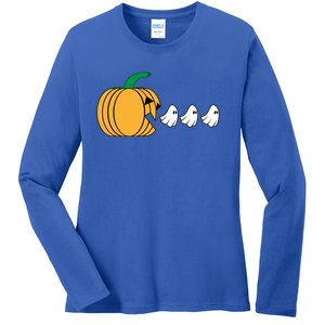 Pumpkin Eating Ghost Gamer Funny Halloween Gift Ladies Long Sleeve Shirt