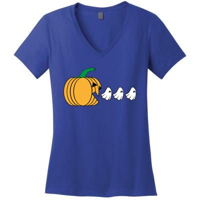 Pumpkin Eating Ghost Gamer Funny Halloween Gift Women's V-Neck T-Shirt