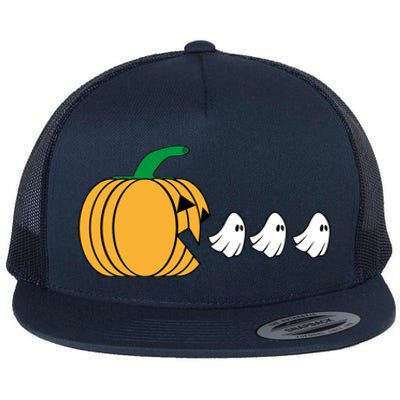 Pumpkin Eating Ghost Gamer Funny Halloween Gift Flat Bill Trucker Hat