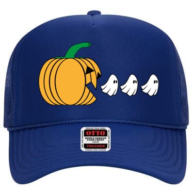 Pumpkin Eating Ghost Gamer Funny Halloween Gift High Crown Mesh Back Trucker Hat