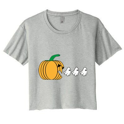 Pumpkin Eating Ghost Gamer Funny Halloween Gift Women's Crop Top Tee