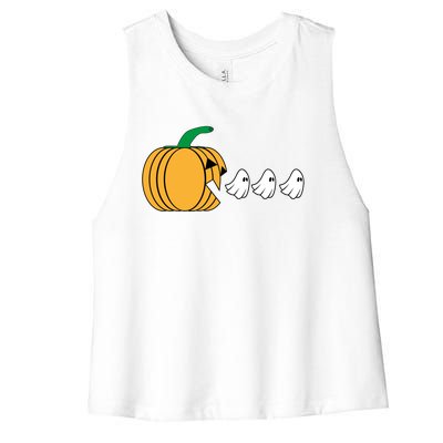 Pumpkin Eating Ghost Gamer Funny Halloween Gift Women's Racerback Cropped Tank