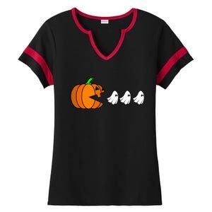 Pumpkin Eating Ghost Gamer Funny Halloween Gift Ladies Halftime Notch Neck Tee