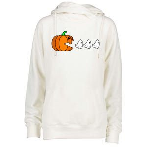 Pumpkin Eating Ghost Gamer Funny Halloween Gift Womens Funnel Neck Pullover Hood