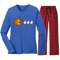 Pumpkin Eating Ghost Gamer Funny Halloween Gift Women's Long Sleeve Flannel Pajama Set 