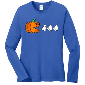 Pumpkin Eating Ghost Gamer Funny Halloween Gift Ladies Long Sleeve Shirt