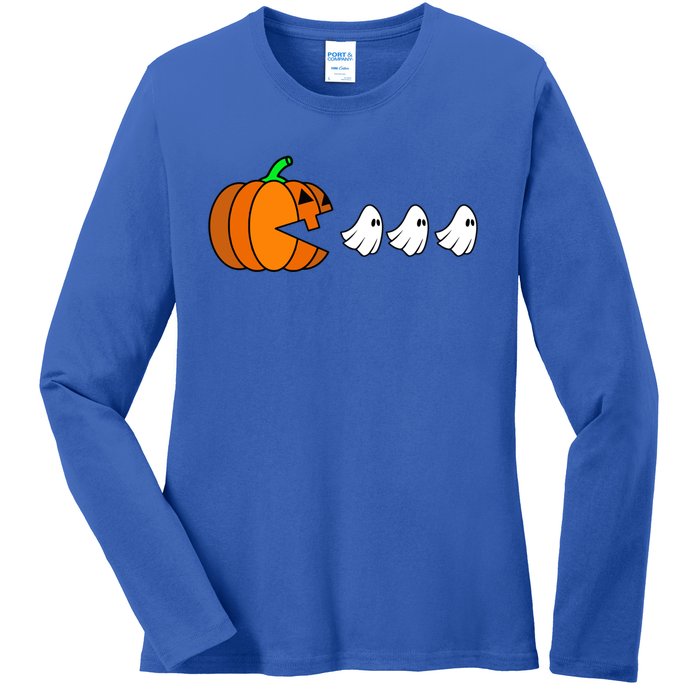 Pumpkin Eating Ghost Gamer Funny Halloween Gift Ladies Long Sleeve Shirt