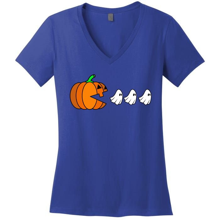 Pumpkin Eating Ghost Gamer Funny Halloween Gift Women's V-Neck T-Shirt