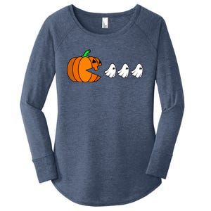 Pumpkin Eating Ghost Gamer Funny Halloween Gift Women's Perfect Tri Tunic Long Sleeve Shirt