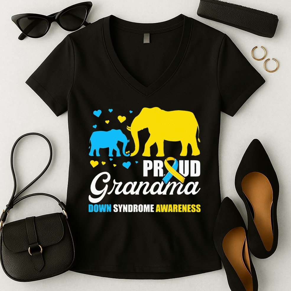 Proud Elephant Grandma Down Syndrome Awareness T21 Women's V-Neck T-Shirt