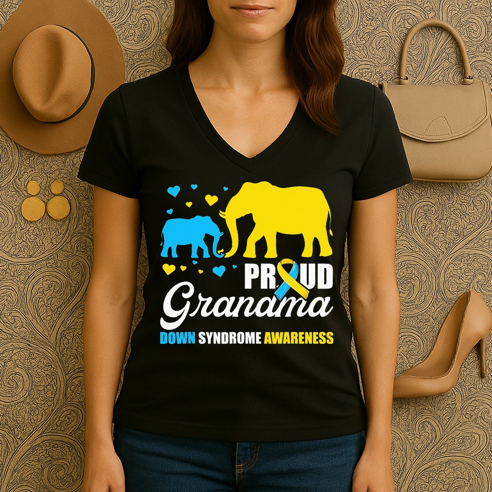 Proud Elephant Grandma Down Syndrome Awareness T21 Women's V-Neck T-Shirt