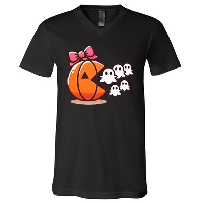 Pumpkin Eating Ghost Funny Halloween Gamer V-Neck T-Shirt