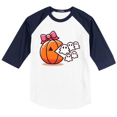 Pumpkin Eating Ghost Funny Halloween Gamer Baseball Sleeve Shirt