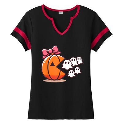 Pumpkin Eating Ghost Funny Halloween Gamer Women Ladies Halftime Notch Neck Tee