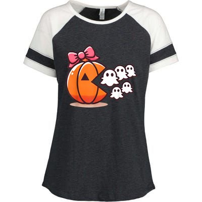 Pumpkin Eating Ghost Funny Halloween Gamer Women Enza Ladies Jersey Colorblock Tee