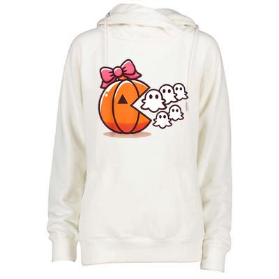 Pumpkin Eating Ghost Funny Halloween Gamer Women Womens Funnel Neck Pullover Hood