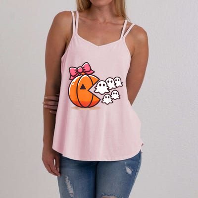 Pumpkin Eating Ghost Funny Halloween Gamer Women Women's Strappy Tank