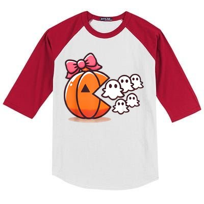 Pumpkin Eating Ghost Funny Halloween Gamer Women Kids Colorblock Raglan Jersey