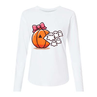 Pumpkin Eating Ghost Funny Halloween Gamer Women Womens Cotton Relaxed Long Sleeve T-Shirt