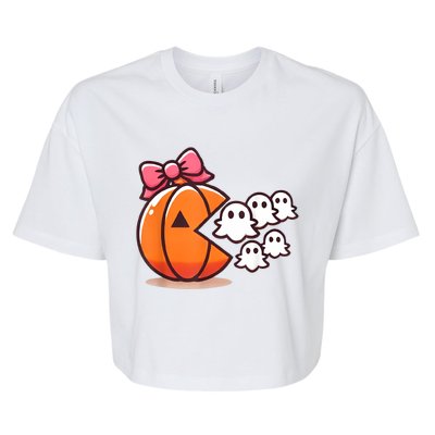 Pumpkin Eating Ghost Funny Halloween Gamer Women Bella+Canvas Jersey Crop Tee