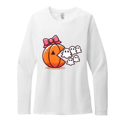 Pumpkin Eating Ghost Funny Halloween Gamer Women Womens CVC Long Sleeve Shirt