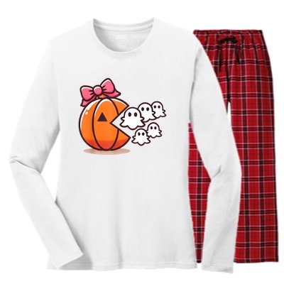 Pumpkin Eating Ghost Funny Halloween Gamer Women Women's Long Sleeve Flannel Pajama Set 