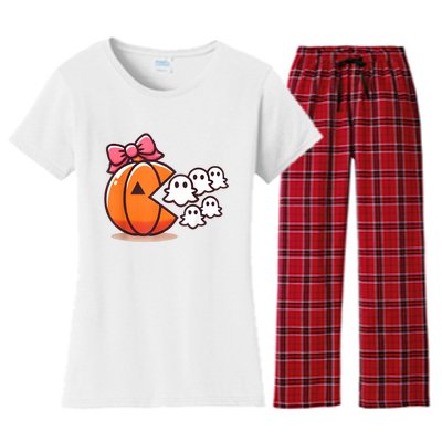 Pumpkin Eating Ghost Funny Halloween Gamer Women Women's Flannel Pajama Set