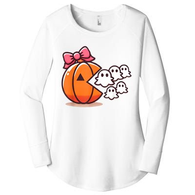 Pumpkin Eating Ghost Funny Halloween Gamer Women Women's Perfect Tri Tunic Long Sleeve Shirt