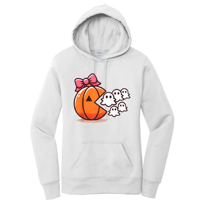 Pumpkin Eating Ghost Funny Halloween Gamer Women Women's Pullover Hoodie