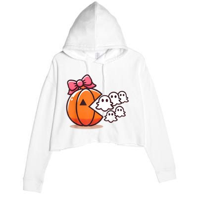 Pumpkin Eating Ghost Funny Halloween Gamer Women Crop Fleece Hoodie