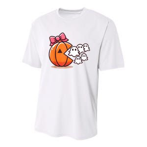 Pumpkin Eating Ghost Funny Halloween Gamer Women Youth Performance Sprint T-Shirt