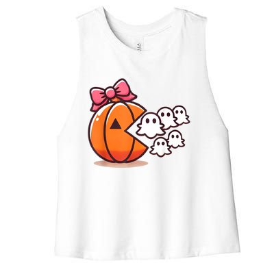 Pumpkin Eating Ghost Funny Halloween Gamer Women Women's Racerback Cropped Tank