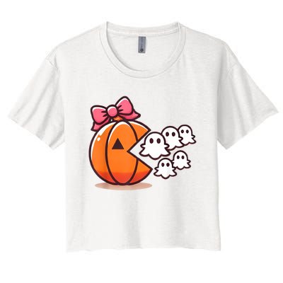 Pumpkin Eating Ghost Funny Halloween Gamer Women Women's Crop Top Tee