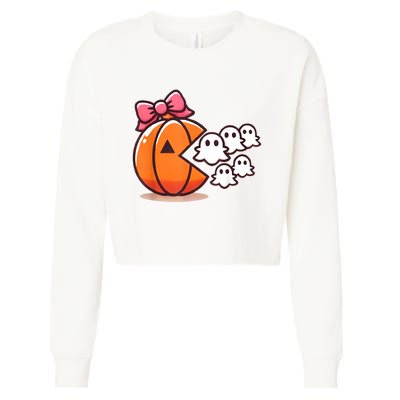 Pumpkin Eating Ghost Funny Halloween Gamer Women Cropped Pullover Crew