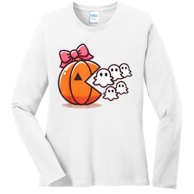 Pumpkin Eating Ghost Funny Halloween Gamer Women Ladies Long Sleeve Shirt