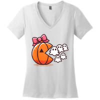 Pumpkin Eating Ghost Funny Halloween Gamer Women Women's V-Neck T-Shirt