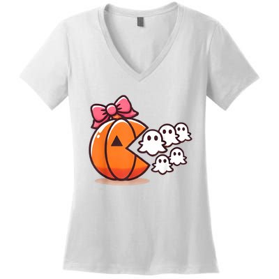 Pumpkin Eating Ghost Funny Halloween Gamer Women Women's V-Neck T-Shirt