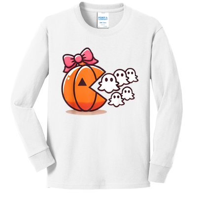 Pumpkin Eating Ghost Funny Halloween Gamer Women Kids Long Sleeve Shirt