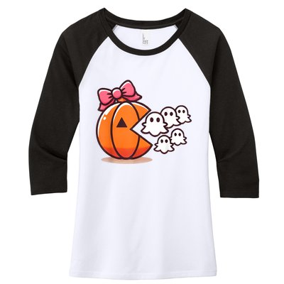 Pumpkin Eating Ghost Funny Halloween Gamer Women Women's Tri-Blend 3/4-Sleeve Raglan Shirt