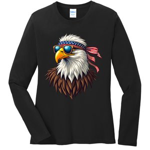 Patriotic Eagle Graphic Retro American Flag Design Ladies Long Sleeve Shirt