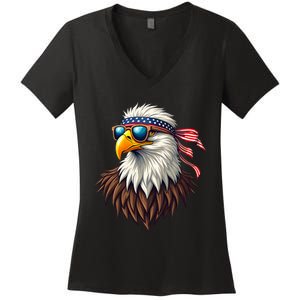 Patriotic Eagle Graphic Retro American Flag Design Women's V-Neck T-Shirt