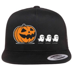 Pumpkin Eating Ghost Jack O Lantern Halloween Gamer Flat Bill Trucker Hat