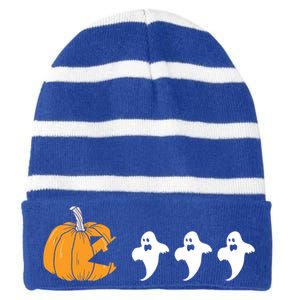 Pumpkin Eating Ghost Clothing Funny Halloween Cool Gift Striped Beanie with Solid Band